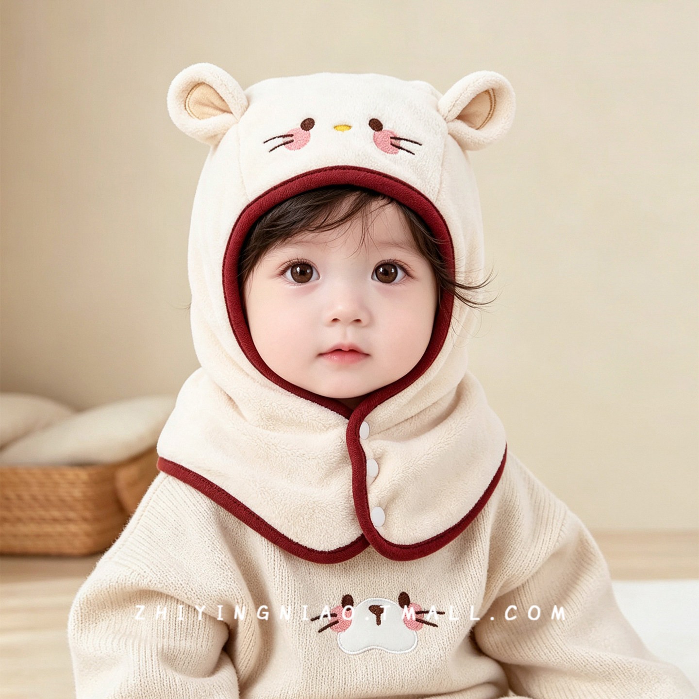 Cute bear-themed baby hat and scarf set, made of fleece, with ear protection, suitable for both boys and girls, providing warmth