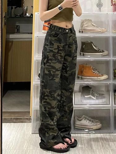 American hiphop camouflage overalls for fat mm women summer loose straight casual pants slimming high waist wide leg pants trendy