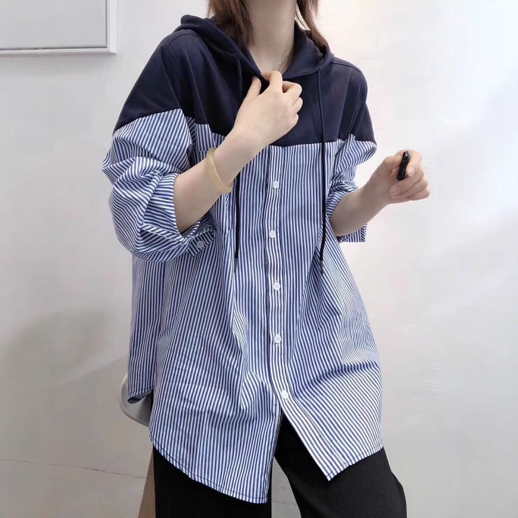 韩国新款设计感韩国女宽松上衣外套连帽卫衣长袖拼接条纹衬衫潮
