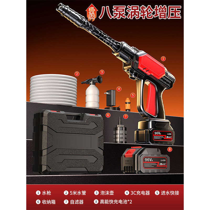 Lizeng – Portable car washer High Pressure Water - upgraded-eight-pump-pulse-turbocharged-96vh-long-battery-life-80-sections-2-batteries-1-charger-5m-hose-storage-box