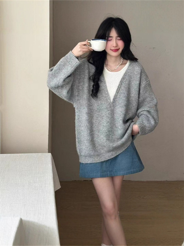假两件套头毛衣女秋冬新款跨境大码韩系宽松慵懒风v领针织衫上衣|undefined