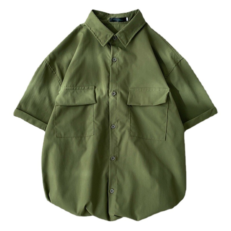 Verano estilo de Hong Kong ins camisa de manga corta de los hombres de doble bolsillo de moda estudiante suelta media manga casual ropa de trabajo camisa