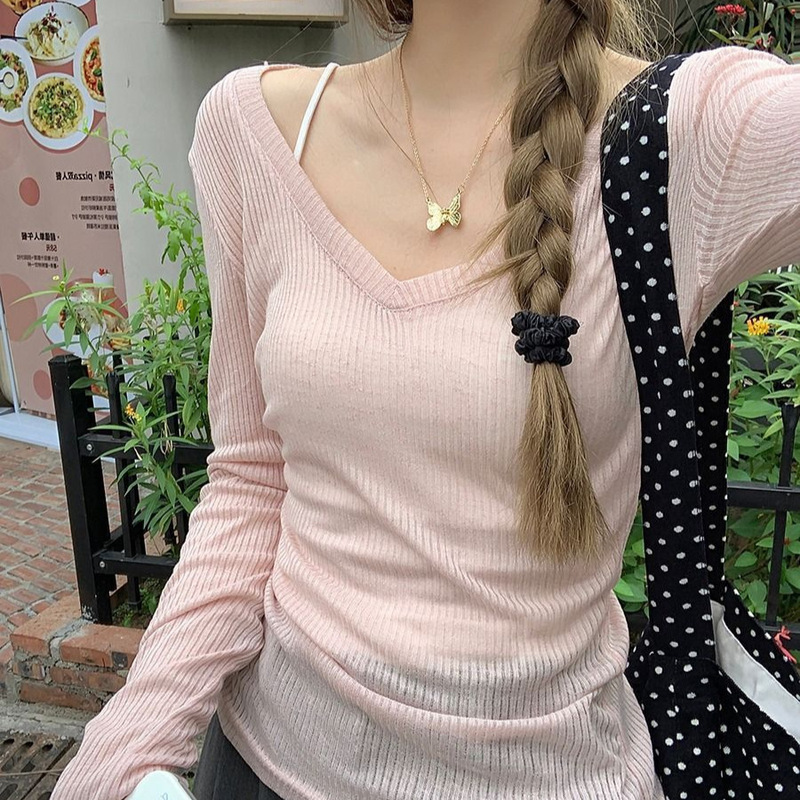 Janine Sunscreen Blouse American Retro V-neck Long-sleeve T-shirt Women's Thin Pure Spice Girl Niche Inner Base Shirt