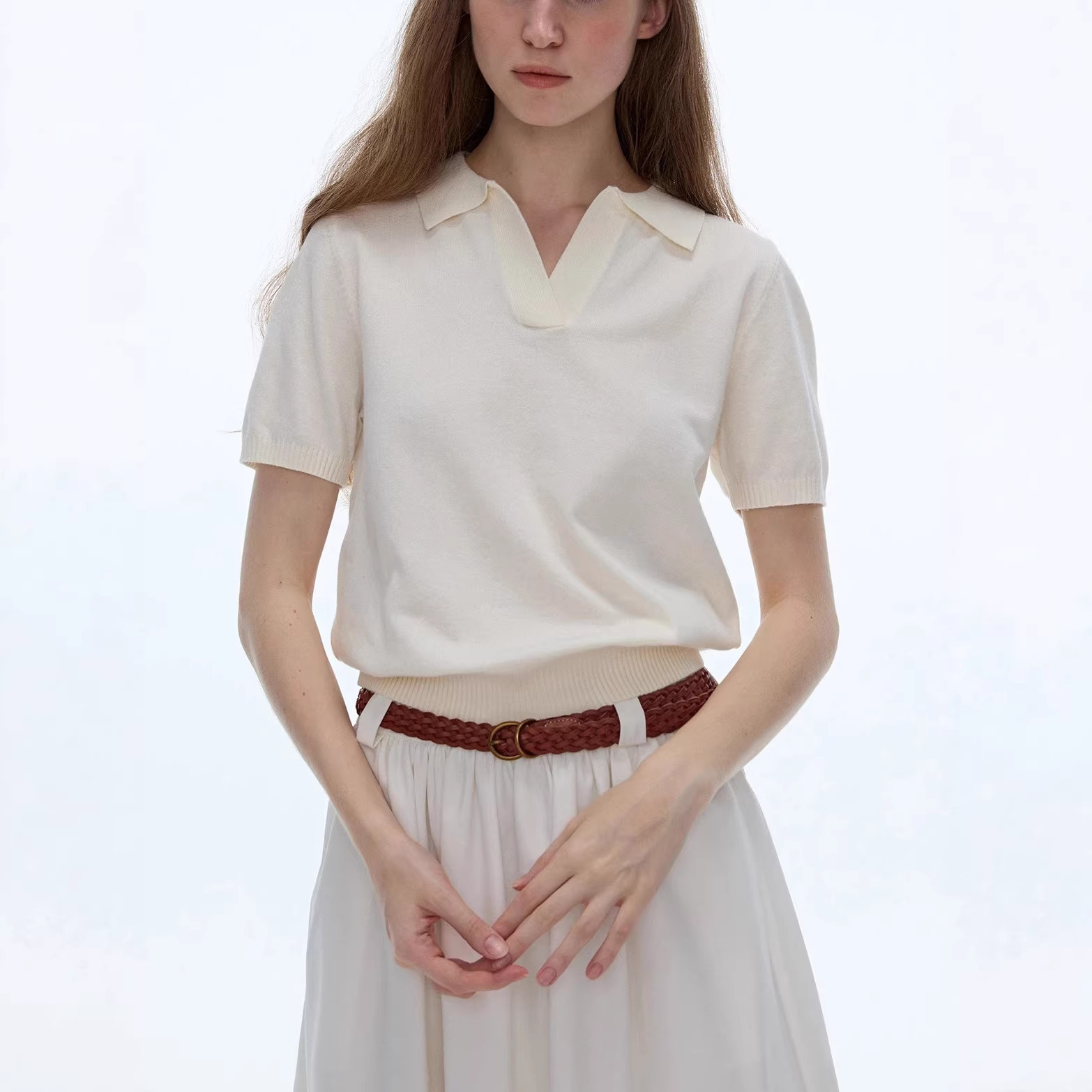 White polo shirt, short-sleeved knitwear, summer French style casual sweater/T-shirt, women's brand same T-shirt.