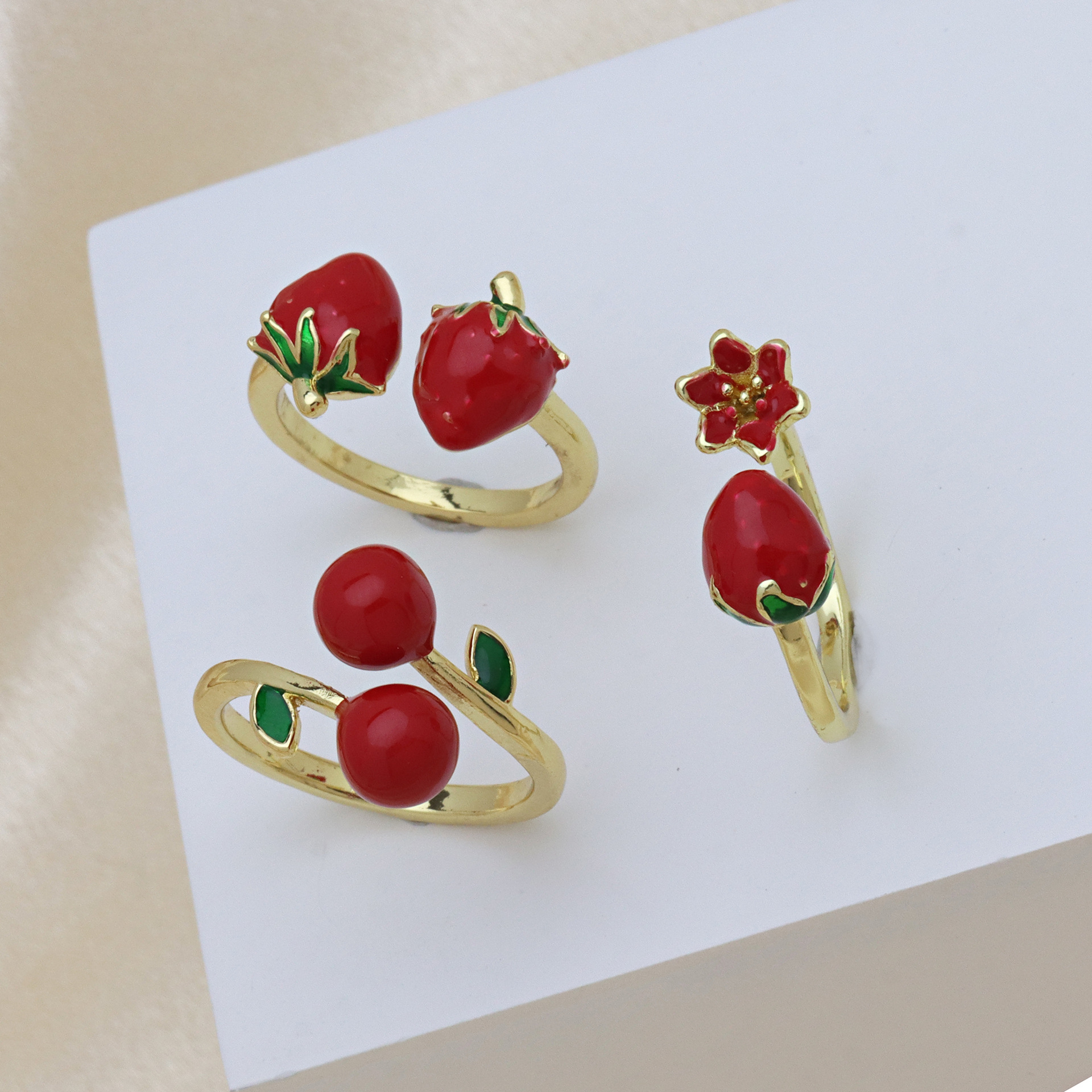 Open Rings Classification Wholesale Jewelry Cute Lady Cherry Copper 18K Gold Plated Enamel Open Rings