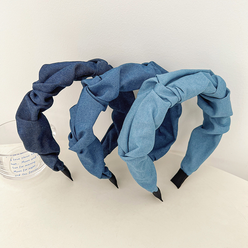 2023 Spring New French Wide-Brim Denim Pleated Headband Blue Fabric Versatile Outdoors Headband Fashion Hair Accessory