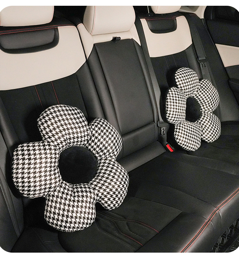 Houndstooth Floral Car Headrest and Lumbar Support Creative Car Seat Neck Pillow Cushion Trendy Car Interior Accessories
