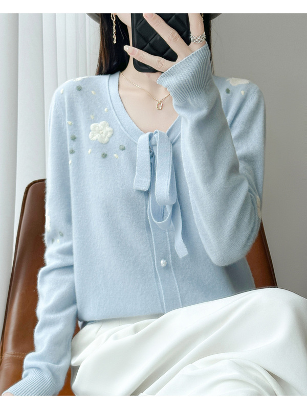 韩系甜美毛衣秋季女装系带V领钩花蝴蝶结长袖纯羊毛针织开衫外套|undefined