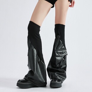 Dark Spice Girl Leather Stitching Micro Horn Display PU Leather Leg Cover Stack Socks Mid-length Socks Over Knee Leg Cover Mid-length