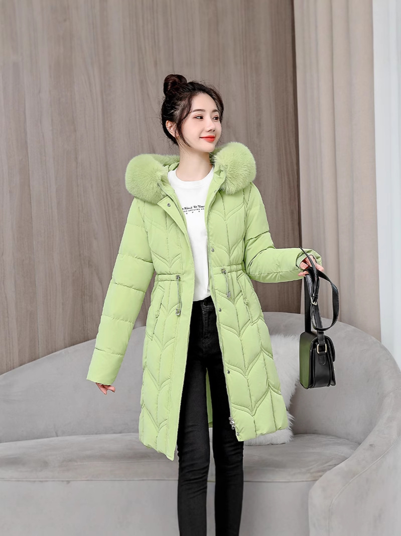 2025 nueva moda de invierno de mujer cintura retraída cuello de cabello espeso exterior abrigo de algodón caliente