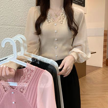 秋冬季2022韩版新款V领拼接雪纺长袖纽扣短款针织衫气质上衣女潮