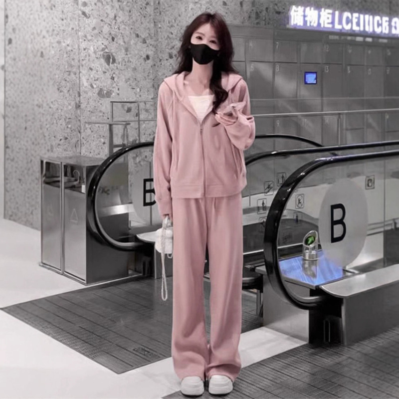Lazy Casual Sportswear Suit for Female Spring & Fall Students Korean Style Loose Fashion Hooded Sweatshirt Wide Leg Pants Two-Piece Set
