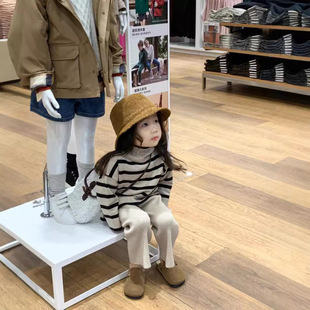 South Korea Children's Wear Girls' Autumn Wear Elegant Striped Knitted High Neck Split Sweater Wide Leg Pants Two-Piece suit