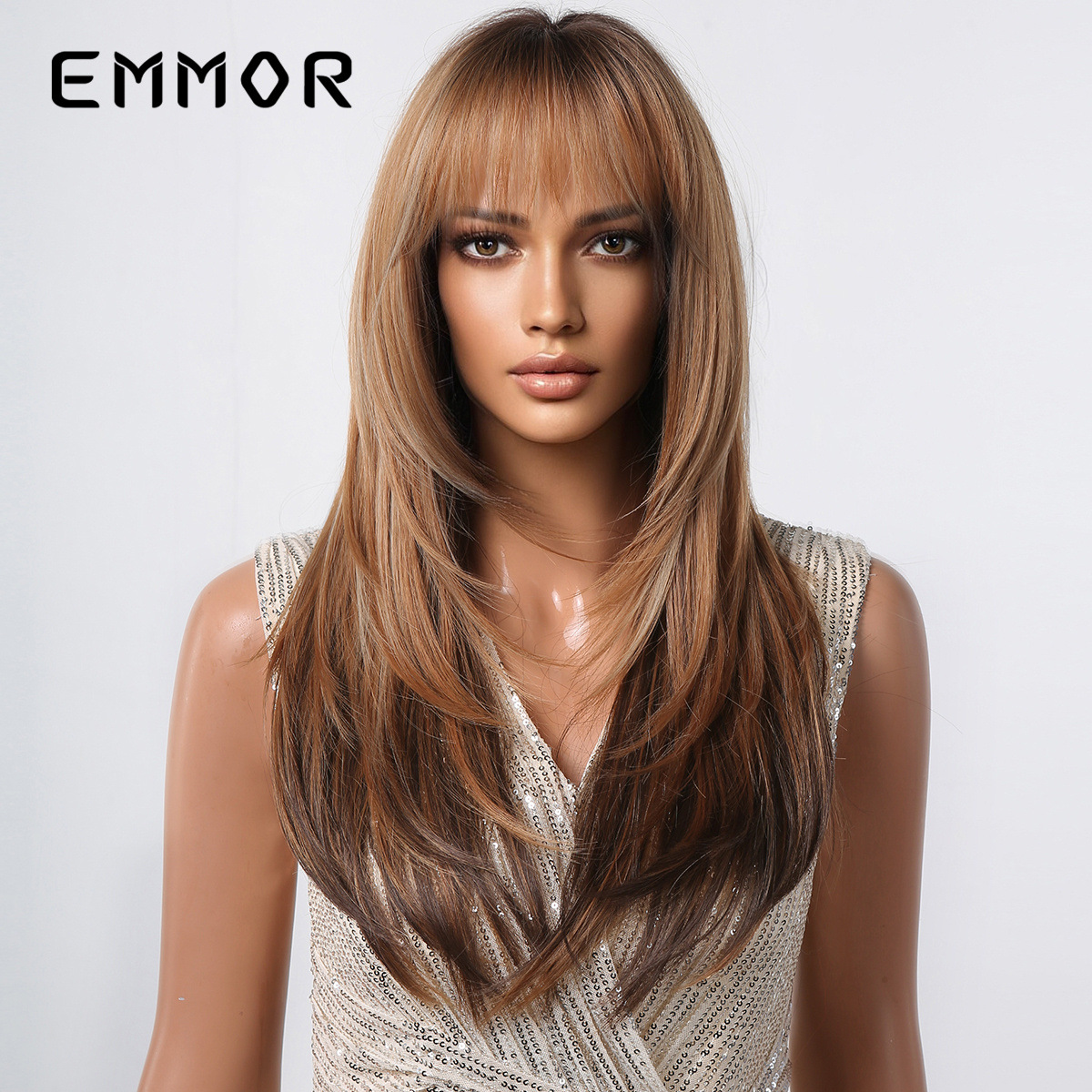 Qi flequillo gradiente de alto nivel marrón cabello largo y liso tiñido de cola de cabello estilo europeo y americano peluca de moda natural cabello completo wigs