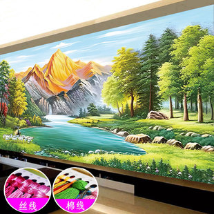 Jinshan Yinshan flowing water and wealth cross stitch 2024 New style living room hand-made thread embroidery landscape landscape landscape painting