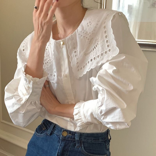 French cut-out embroidery collar single-breasted fashionable youthful white women's inner top Korean style