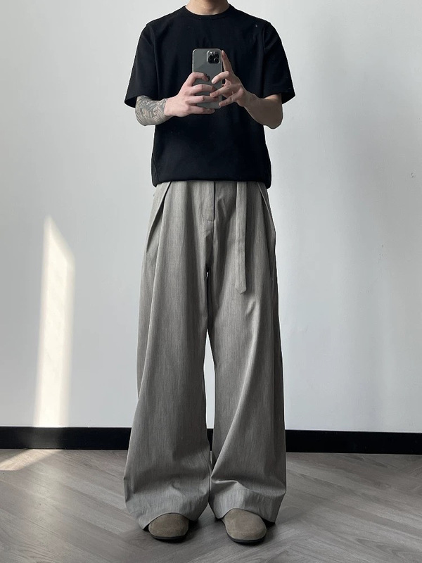 高級アセテートウール混リネン柄プリーツ「Zazen」ルーズカミーズパンツストレートワイドパンツ|undefined