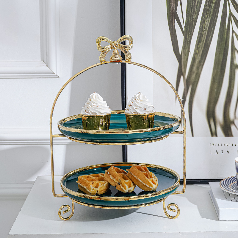Plato de fruta de doble capa de estilo europeo mesa de café de sala de estar creativa soporte de pastel de múltiples capas mesa de postre de té de la tarde bandeja de postre de caramelo