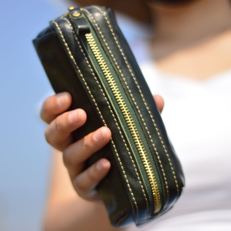 牛皮笔袋大容量笔盒双层铅笔盒男生铅笔收纳袋多功能文具新款