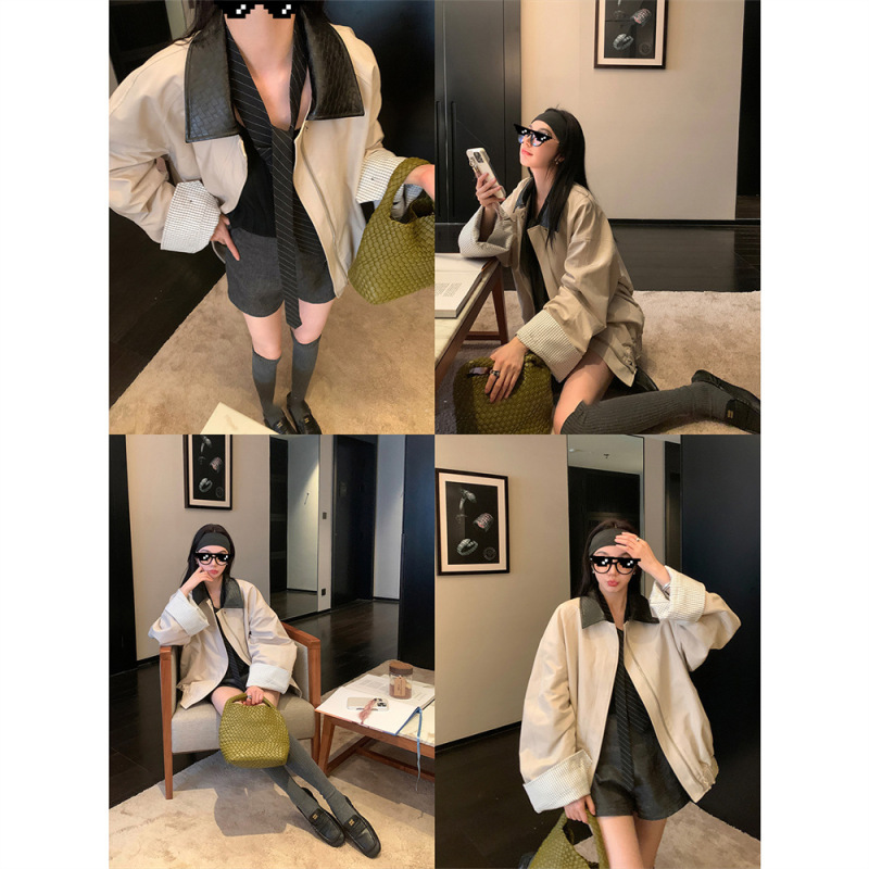 区区欧阳 翻领工装外套女秋季新款美式复古休闲宽松拼接夹克上衣|undefined