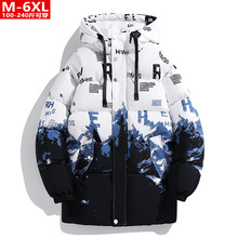 冬季潮流男装时尚印花连帽中长款棉衣胖大码加肥宽松保暖棉服外套