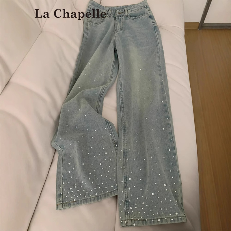 Light Color Hot Drilling Wide Leg Jeans Women's Spring and Autumn 2025 New Design High Waist Slimming Straight Leg Pants