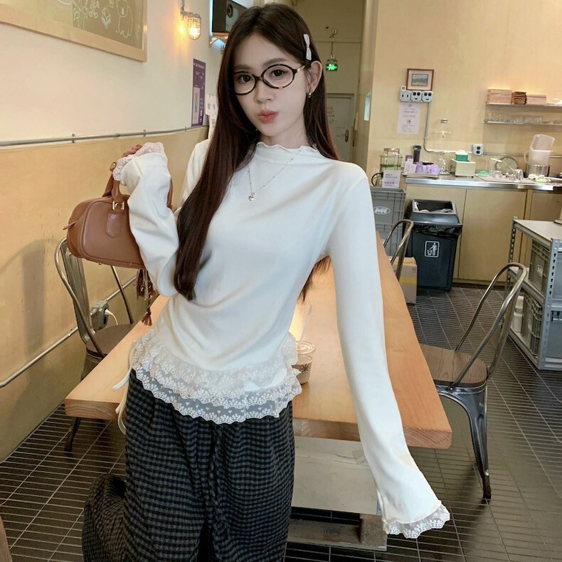 Cream White Double Lace Stitching Semi-high Collar Long-sleeved T-shirt Women's Autumn and Winter Slim-fit Drawstring Inner Base Shirt Top