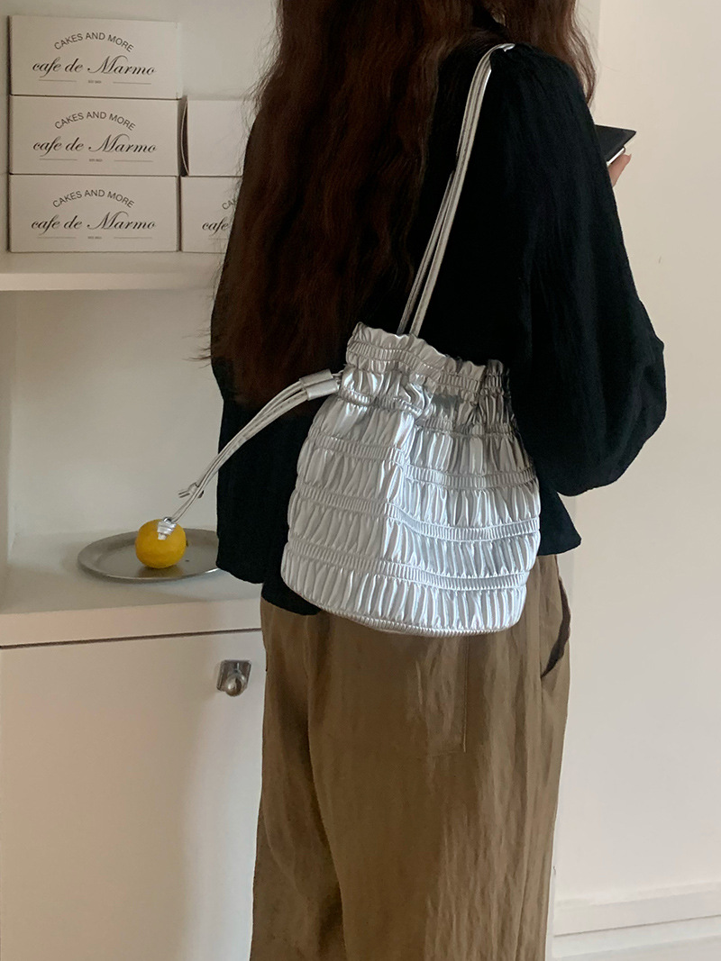 Korean INS niche design, gentle soft leather pleated drawstring bucket bag, one shoulder fashionable texture, silver_voghion.com
