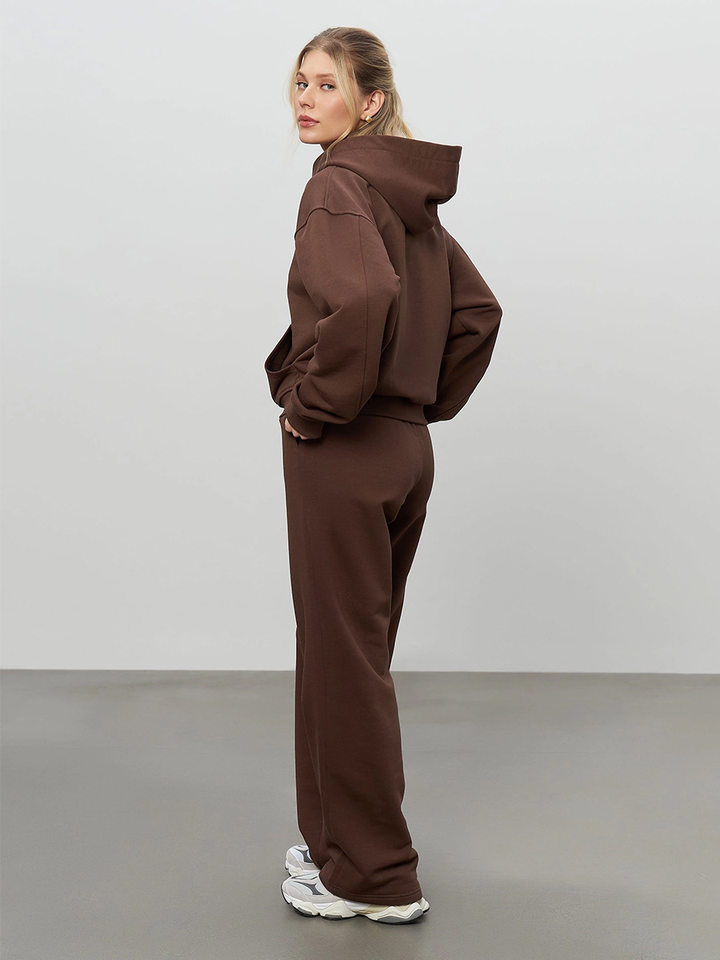 Bộ đồ thể thao nữ hai mảnh áo hoodie khóa kéo ngắn tay dài và quần dài — Màu xanh hải quân, màu xanh đậm, nâu sẫm chi tiết 15