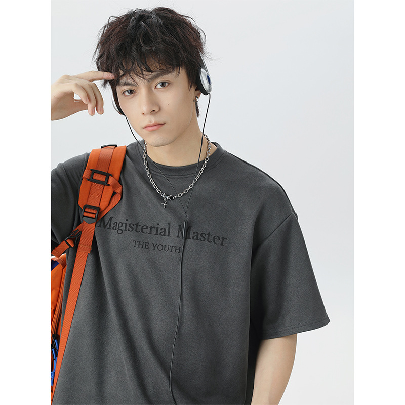 Monochrome Man- Textured Suede Casual Short T-Shirt For Men, Summer Loose Fit Trendy Brand Color Block Letter Print Half Sleeve Tee_voghion.com