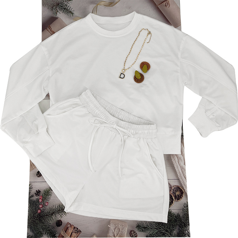 Solid Color Long Sleeve Sweaters Women Clothing Short Two-Piece Casual Shorts Suit