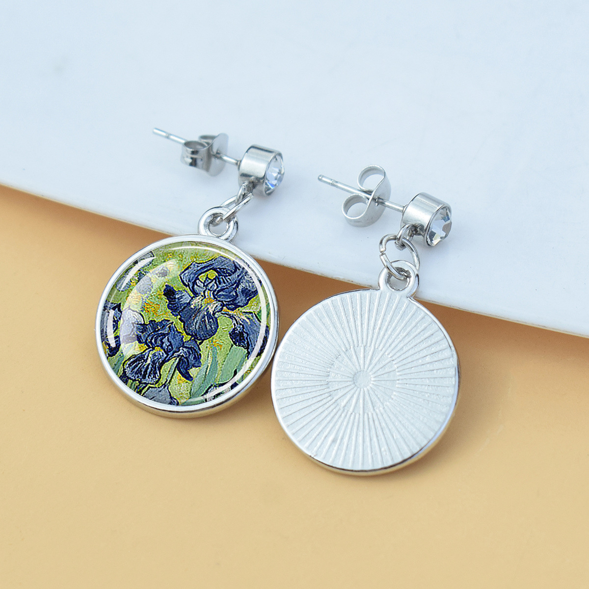 Pendientes de diamantes brillantes de flores Iris de girasol Van Gogh Art Starry Sky Pintura al óleo Pendientes de estilo europeo y americano medieval