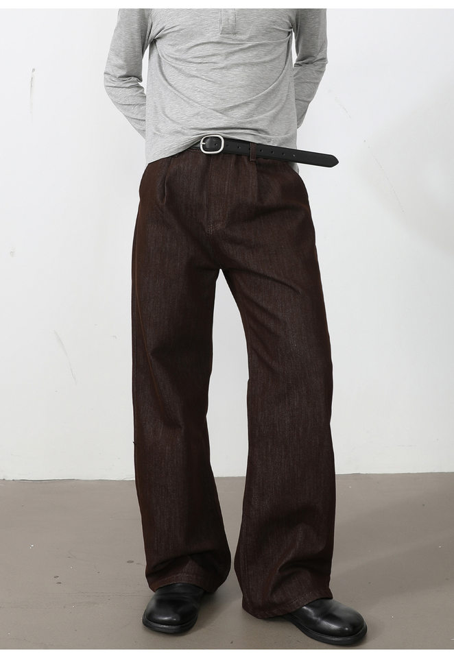 Quần jean nam ống rộng lưng trung, phom suông thoải mái, vải denim phối lụa sợi tổng hợp xếp li nhẹ — Cao bồi xanh, Cao bồi đen, Màu cà phê đậm chi tiết 13