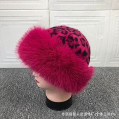 豹纹毛绒加狐狸帽檐花蒙古帽冬季保暖护耳加厚盆帽仿貂加厚保暖