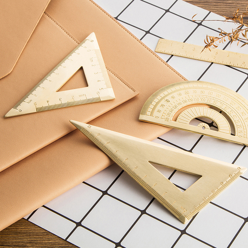 Ciano retro latón metal regla set triangular medidor de ángulo semicircular regla recta regalos personales