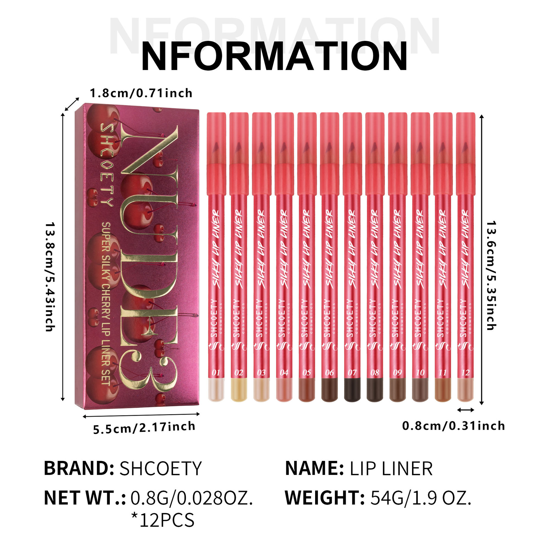 SHCOETY European and American Cross-border 12-color matte red Lip liner Pen Set, Nude color, long-lasting and non-fading third generation Specification drawing