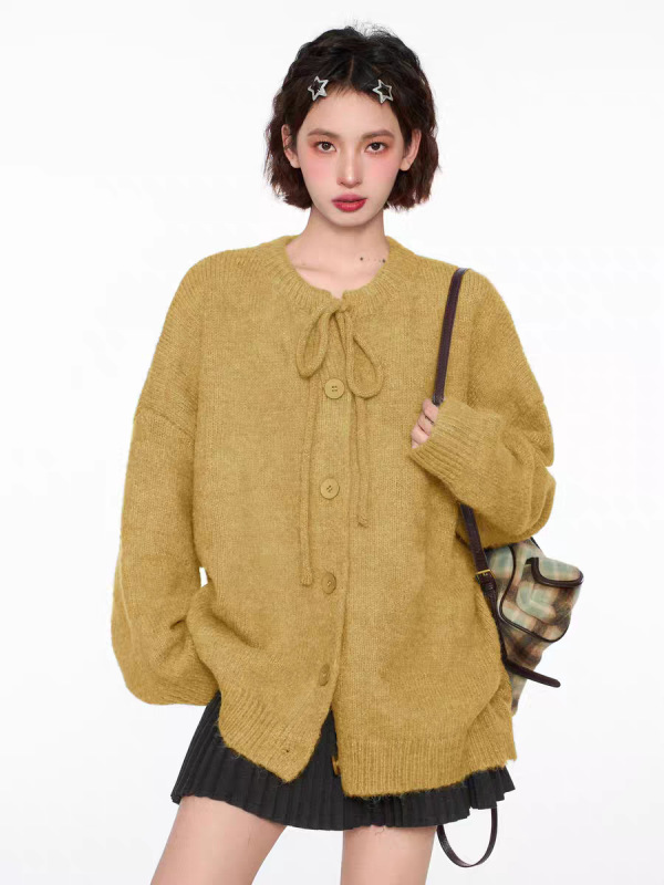 蓝色蝴蝶结毛衣外套女春秋季厚宽松慵懒风2025新款针织开衫衣|undefined