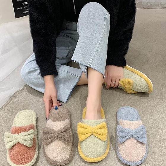 Bow-Knot Slippers for Home Use, Personalized Half-Heel, Warm and Soft Home Cotton Shoes for Women, Wholesale, Comfortable for Home Leisure