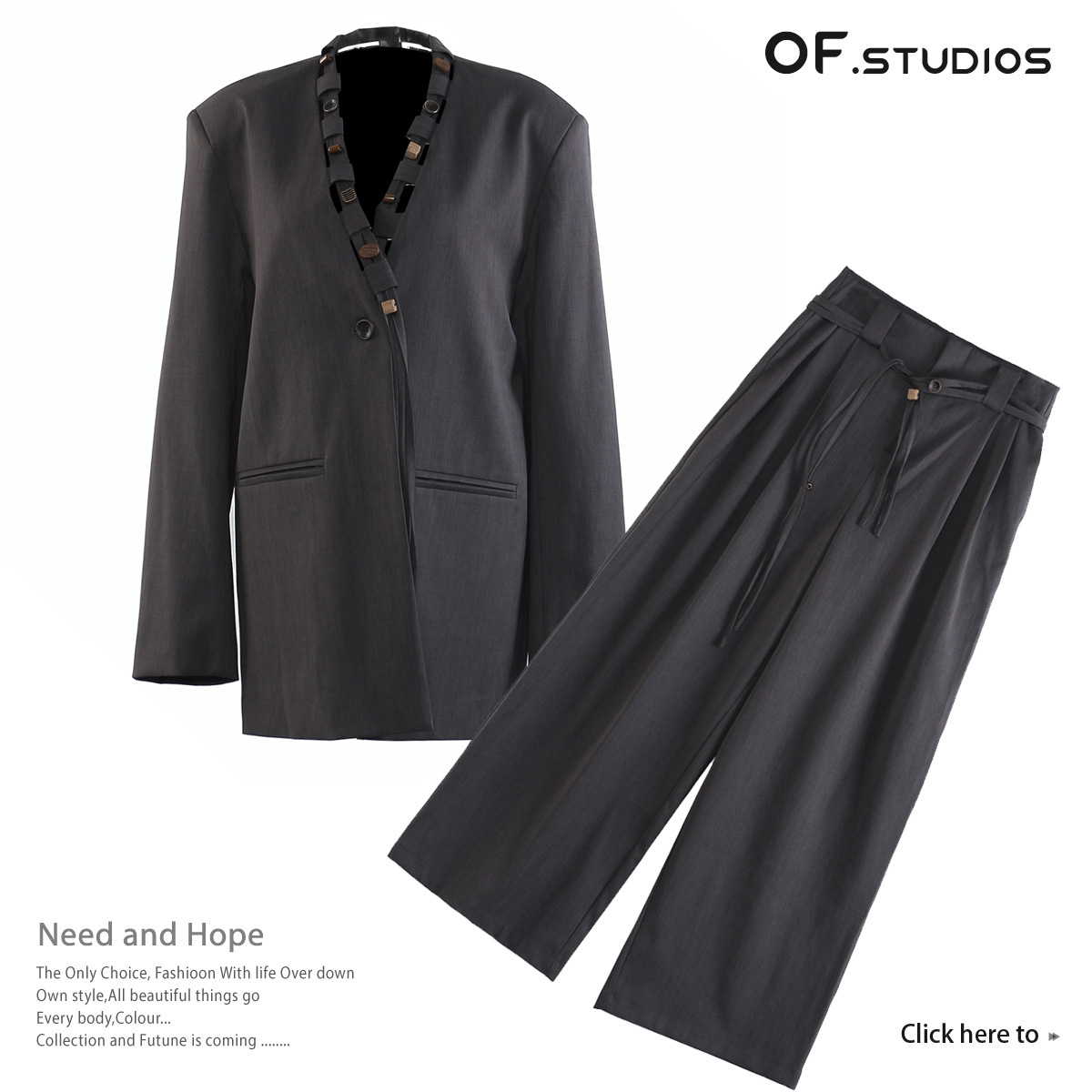 Ensemble blazer et pantalon deux pièces GraceChic Automne 25, coupe ample et tendance, boutons en bois véritable, pour femme, référence 1816_voghion.com