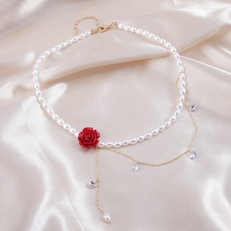 Choker Classification Sweet Rose Flower Rhinestones Imitation Pearl Alloy Choker Wholesale
