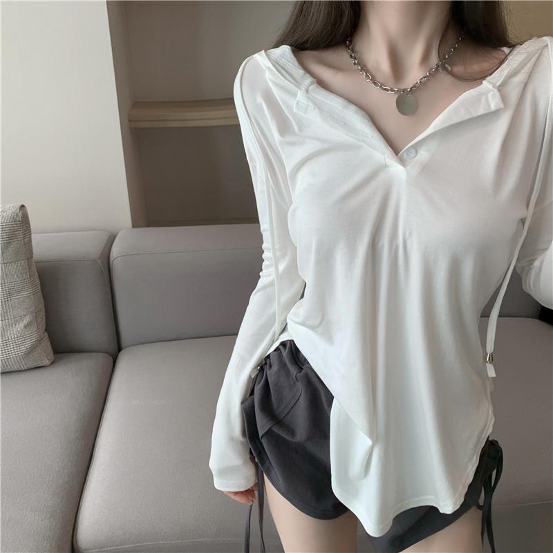 2025 New Pure Lust Sexy Style Asymmetrical Slit Long-Sleeved T-Shirt Women's Spring and Summer Sun Protection Blouse Hooded Top
