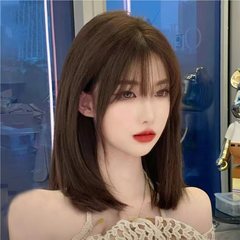 Cheng Ming Human Hair Cold Brown Female Influencer Youthful Collarbone Length Straight Hair Air Bangs Summer Full Head Wig