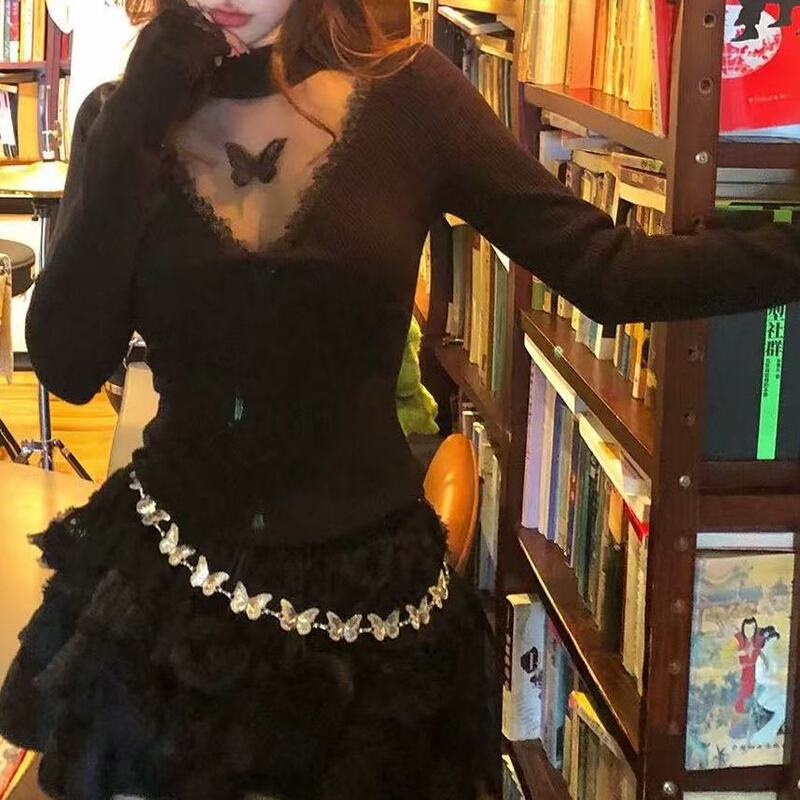 Exquisite Butterfly Embroider''Tea Party Sweet'' Long-Sleeved Slim Lace Knitwear for Women Autumn and Winter New Style