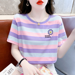 純綿ストライプ半袖 Tシャツ女性の夏服 2025 新しいルーズ痩身お腹カバーカジュアル刺繍 Tシャツトップ