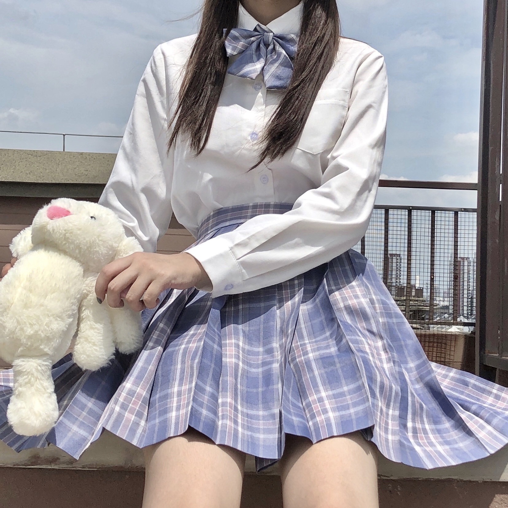 보라색 연기 JK 유니폼 스커트 오리지널 일본 대학 스타일 반팔 플리츠 스커트 학교 공급 격자 무늬 스커트 정장 여성용 풀 세트