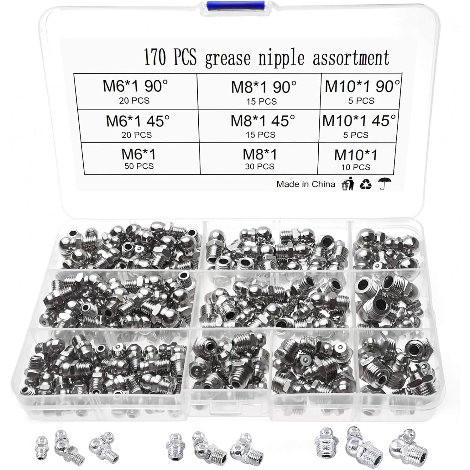 170 个一包油嘴，镀镍铁油嘴套装 M6 M8 M10 -QP170