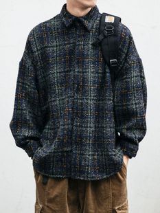Spring and Autumn Japanese Style Retro Woolen Trendy Brand Plaid Shirt Men's Long-sleeved Korean Style Trendy All-match Casual Jacket for Couple