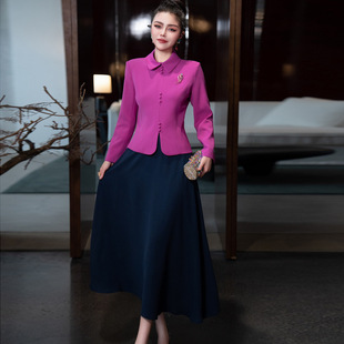 Rose red lapel brooch long sleeve short coat large swing long overskirt suit Europe spring new women's 2025