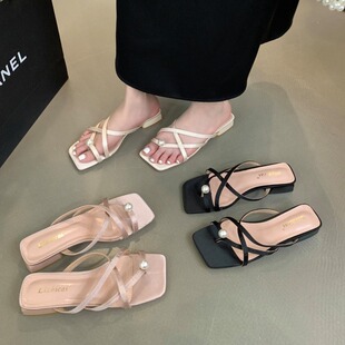 2024 New Square Toe Flat Heel Flip Slippers Sexy French Style Gentle Pearl Sandals for Women Summer Outer Wear