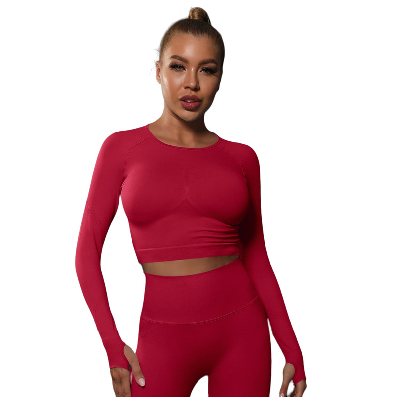 Seamless knitted yoga clothes long sleeve breast line tight pleated thumb buckle sportswear top running fitness coat